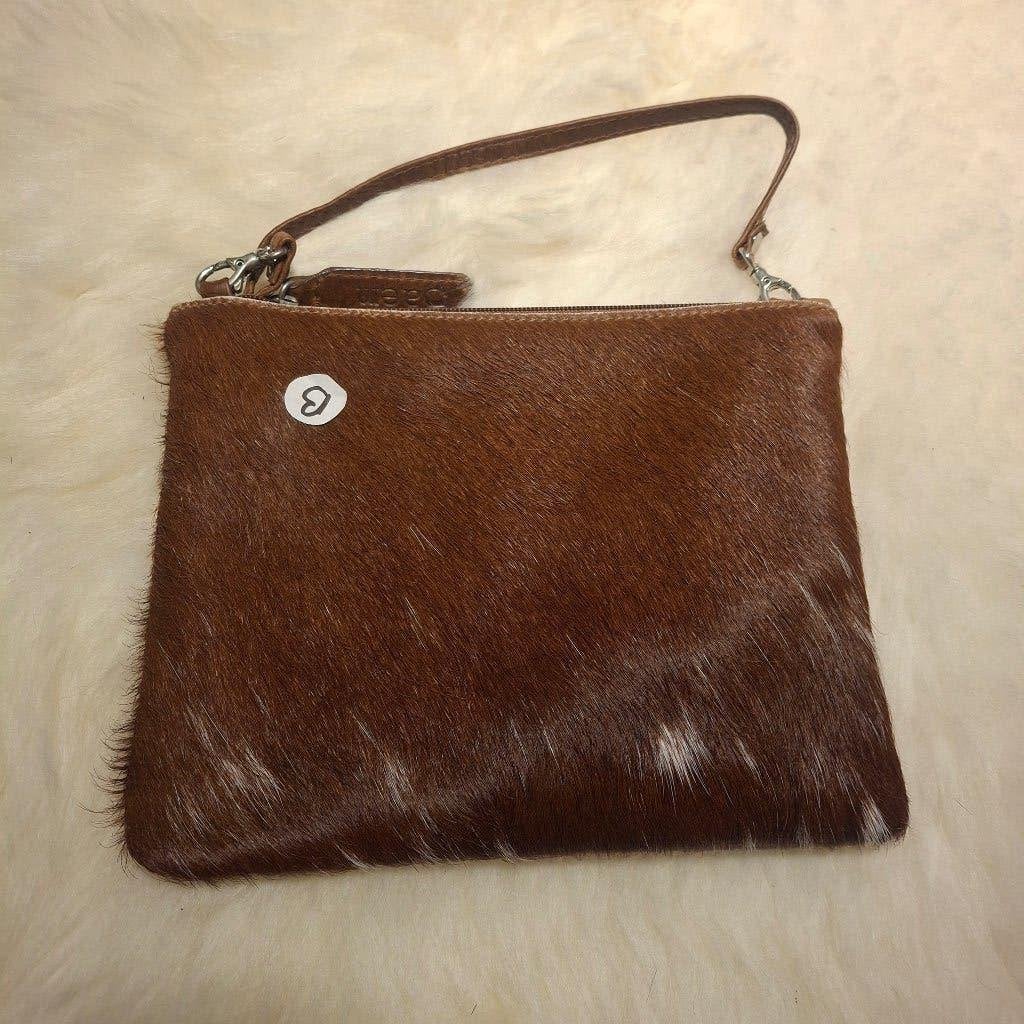 Handgemaakte leren tas - Koeienvacht bruin / wit, Bruin, Schoudertasje, Nieuw