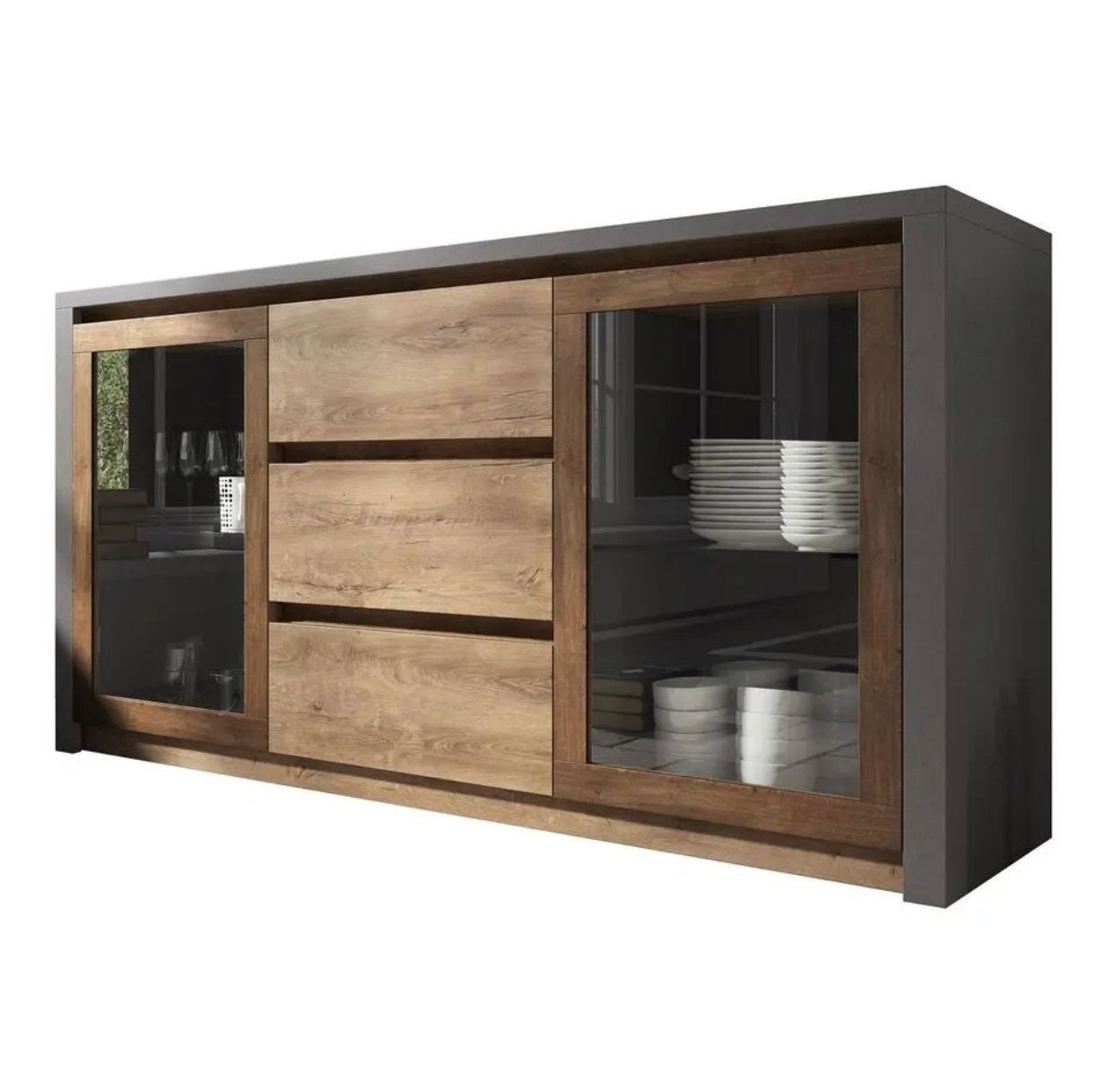 Meubella Dressoir Monaco - Eiken Grijs - 140 cm met glas, Huis en Inrichting, Kasten | Dressoirs, Ophalen, 100 tot 150 cm, Eikenhout