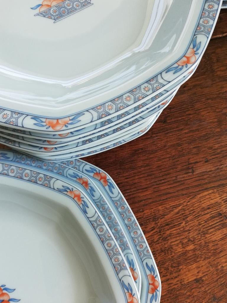 9 pers. Haviland Limoges, Orangeraie, oranje/jeansblauw, Huis en Inrichting, Keuken | Servies, Ophalen, Zo goed als nieuw, Bord(en)