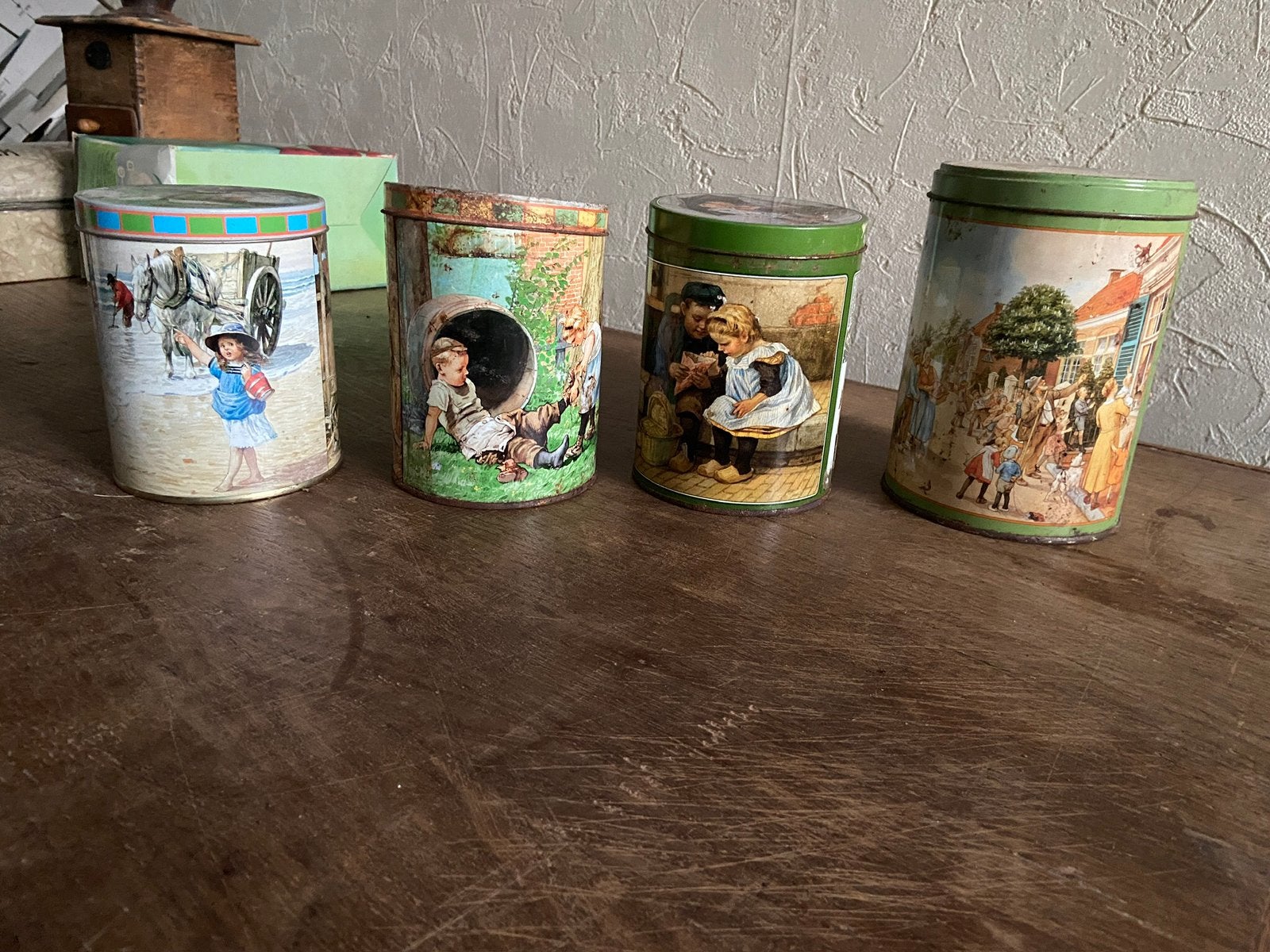 4 Leuke ouderwetse Antieke Ot en Sien blikken curiosa, Verzamelen, Blikken, Ophalen of Verzenden, Zo goed als nieuw, Overige