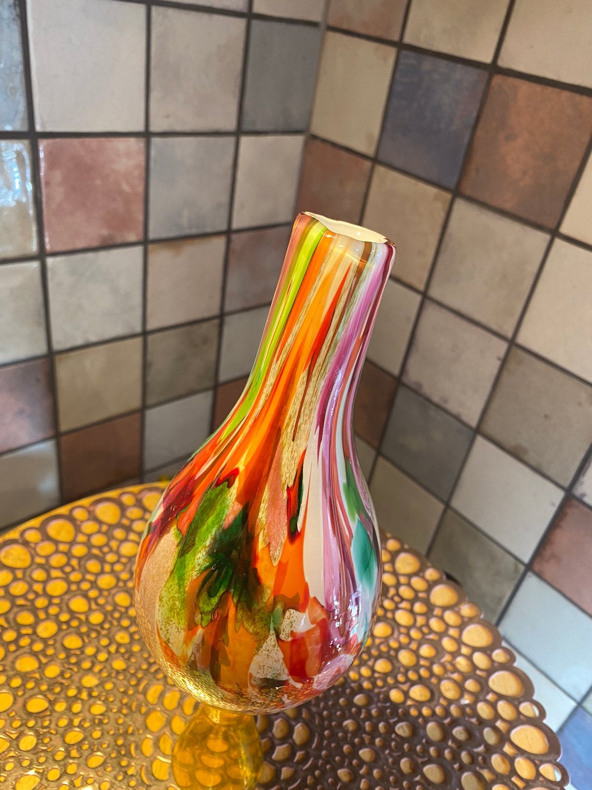 Fidrio “Pisa”mixed colours mond geblazen glazen vaasje,hg 18, Ophalen of Verzenden, Zo goed als nieuw