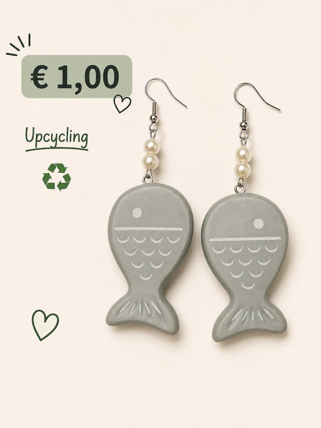 Upcycling vis oorbellen met parels – 7 cm, Overige materialen, Hangers, Ophalen of Verzenden, Zo goed als nieuw