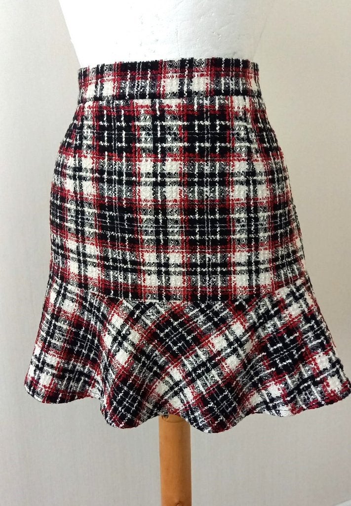 Geruite mini-rok met ruches -Zwart/bordeau wit lurex draadje, Maat 38/40 (M), Nieuw, Ophalen of Verzenden, Boven de knie