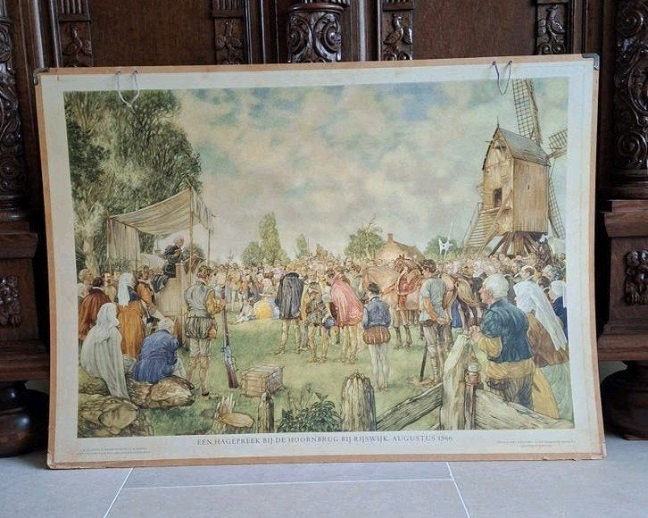 Vintage schoolplaat Isings 'Hagepreek bij Rijswijk' 1566, Ophalen of Verzenden