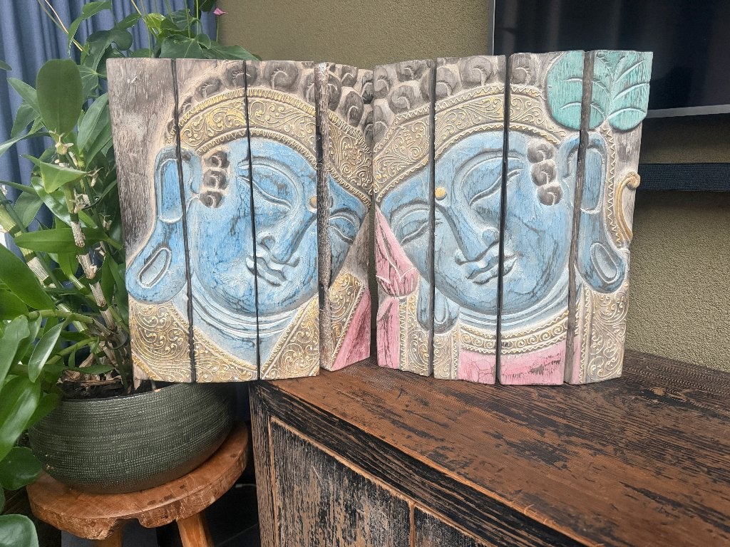 Boeddha 4 luik wandpaneel handwerk Bali Indonesie, Verburgt Vintage, Oosters, Hout, Meerkleurig