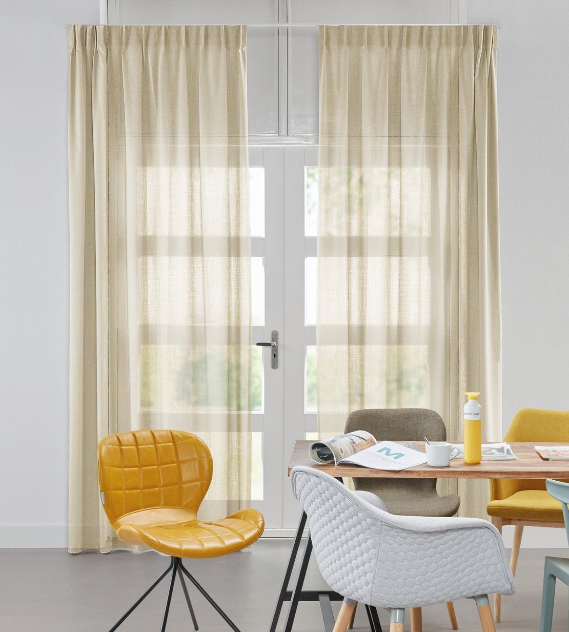 Veneta gordijnen 325x250 – Voile Enkele Plooi Noa Camel, Ophalen of Verzenden, Zo goed als nieuw, Beige, 200 cm of meer