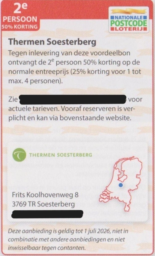 Thermen Soesterberg. 2e persoon 50% korting. Postcode bon., Tickets en Kaartjes, Kortingen en Cadeaubonnen, Twee personen, Kortingsbon