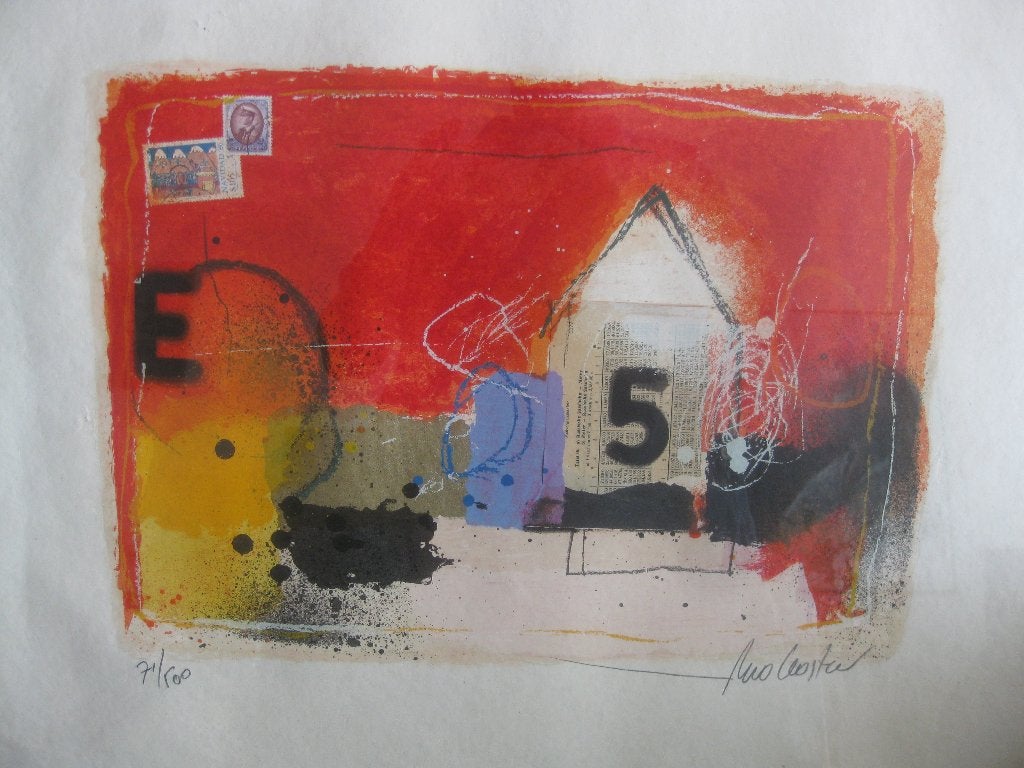 Theo Coster. Zeefdruk / collage. In lijst., Gesigneerd, Ophalen of Verzenden, Zeefdruk