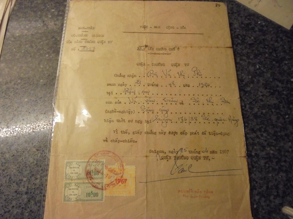 Vietnam. Doc Bewijs van Woonplaats ( adres) , 3 con niem, Ophalen of Verzenden, Buitenland