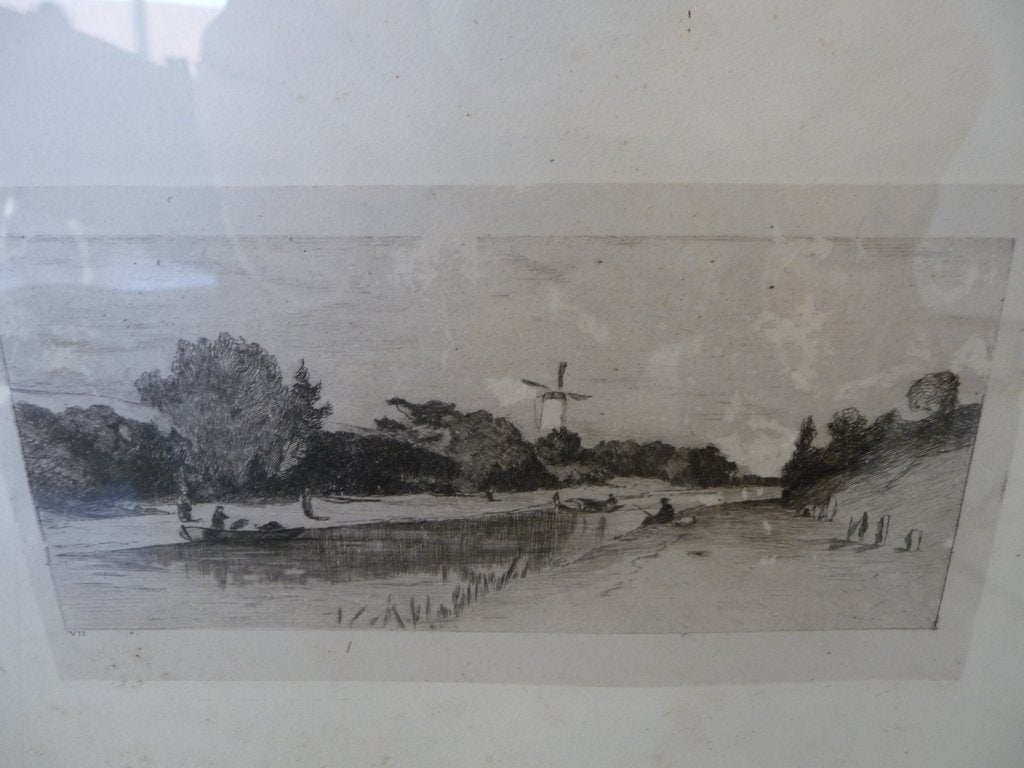 ets / gravure --LANDSCHAP MET WATERLOOP-afm.ets 10x18,5cm, Antiek en Kunst, Kunst | Etsen en Gravures, Ophalen of Verzenden