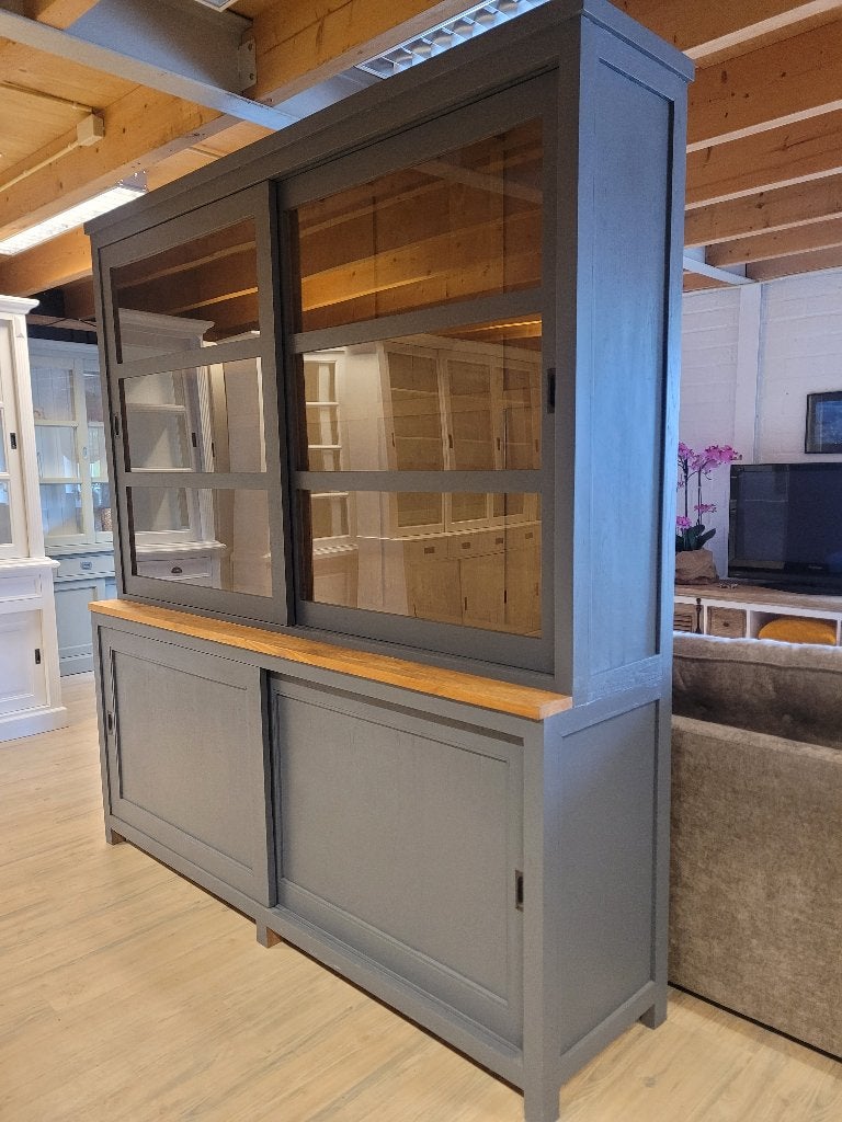 ACTIE Mooie Landelijke Grijze Buffetkast/ Winkelkast (2648B), 200 cm of meer, Glas, Landelijke buffetkast winkelkast teak hout grijs