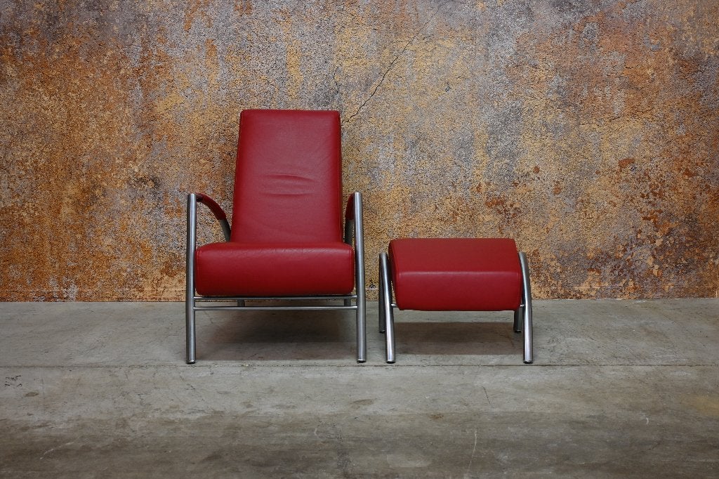ZGANieuw rode leren Harvink de Club fauteuil + hocker, Harvink, Harvink, 75 tot 100 cm, Ophalen of Verzenden