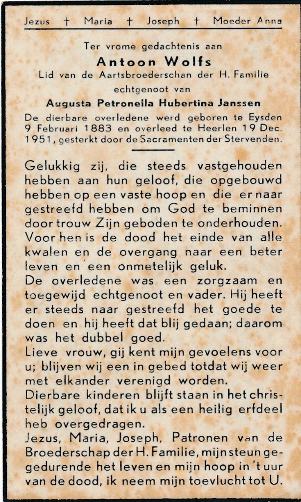 Wolfs Antoon 1883 Eysden  1951 Heerlen, Ophalen of Verzenden