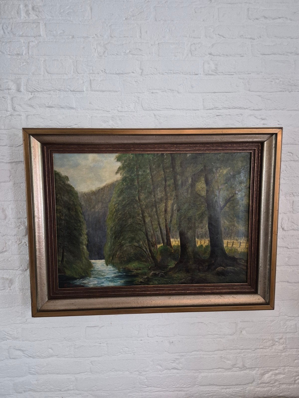 Schilderij met boslandschap en rivier 80x60 cm, Ophalen