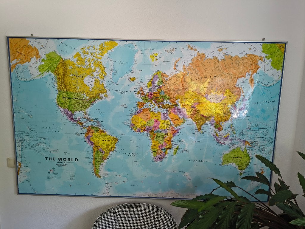 Grote Actuele Wereldkaart 120x198cm, Ophalen, Metaal, 120 cm, 198 cm