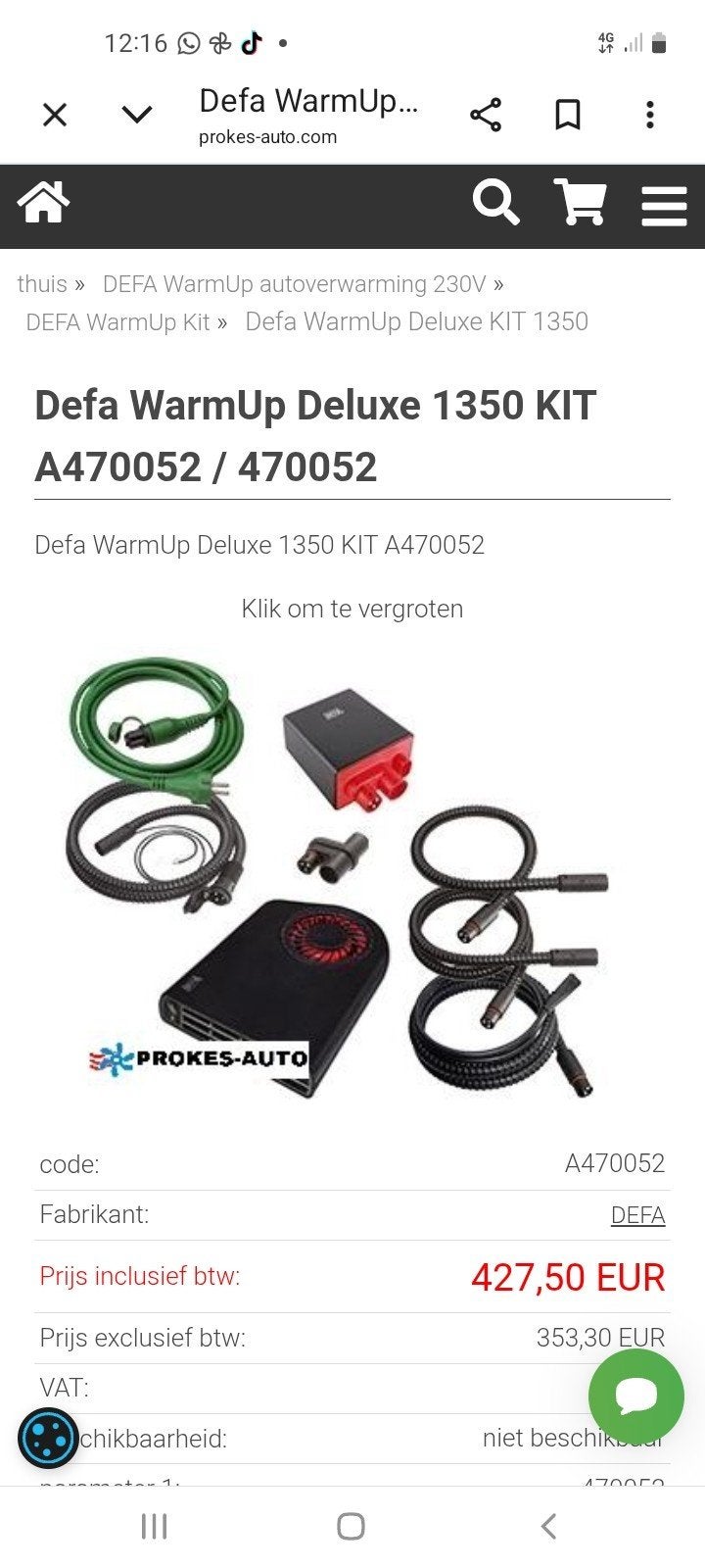 DEFA WarmUp Deluxe 1350 KIT A470052 Auto Voorverwarmer, Ophalen of Verzenden, Zo goed als nieuw