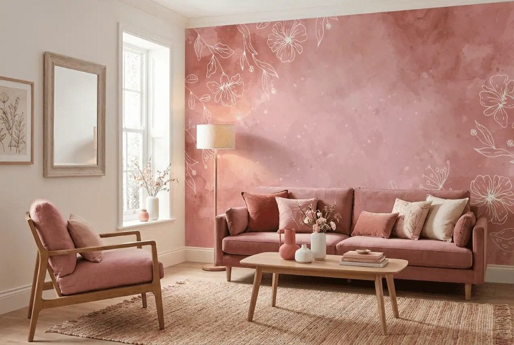 Bloemen behang – oudroze aquarel met fijne witte bloemen, Bloemen, Overige merken, Ophalen of Verzenden, Fotobehang