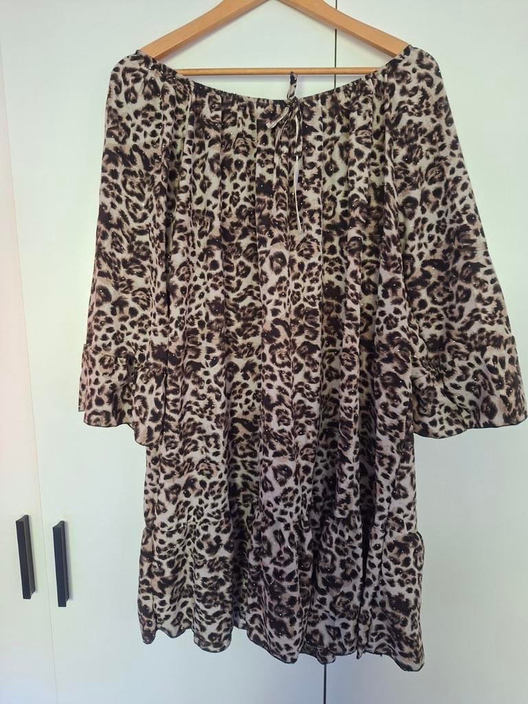Panterprint tuniek met glitter 42-48, Kleding | Dames, Grote Maten, Ophalen of Verzenden, Zo goed als nieuw, Bruin, Blouse of Tuniek