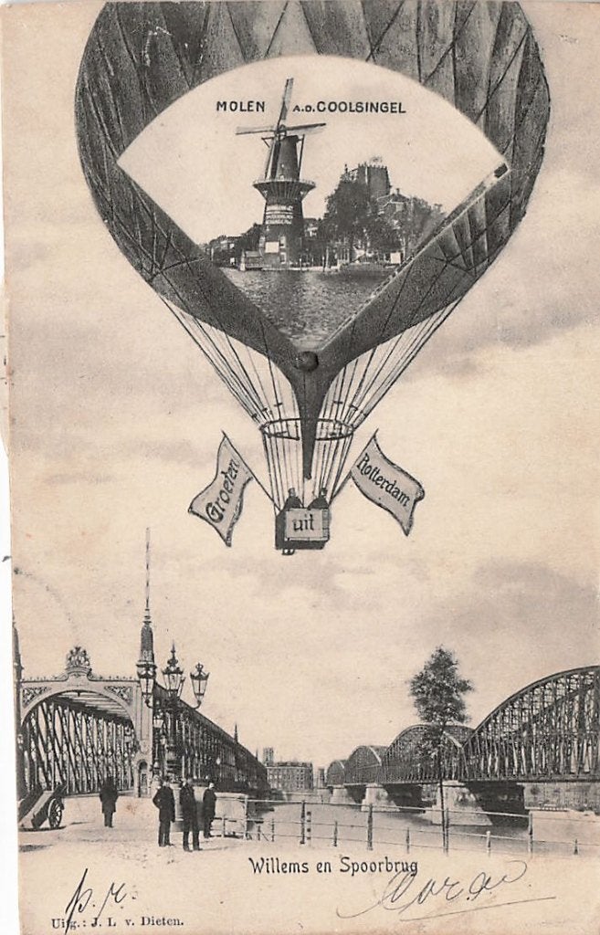 AZ807 beweegbare kaart luchtballon Rotterdam ca. 1905, Verzamelen, Ansichtkaarten | Nederland, Verzenden, Voor 1920, Gelopen, Zuid-Holland