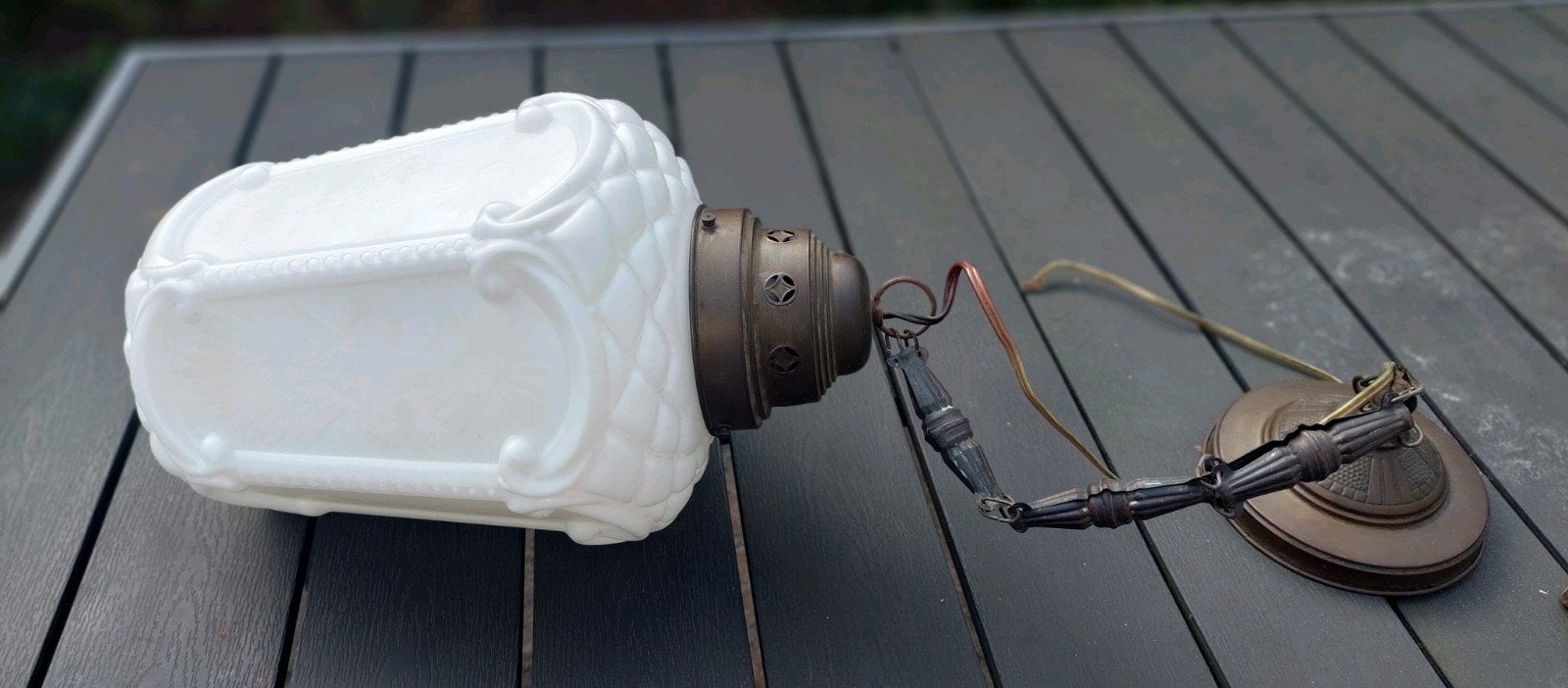 Antiek Vintage melkglas lamp met koperen armatuur - gave st, Ophalen