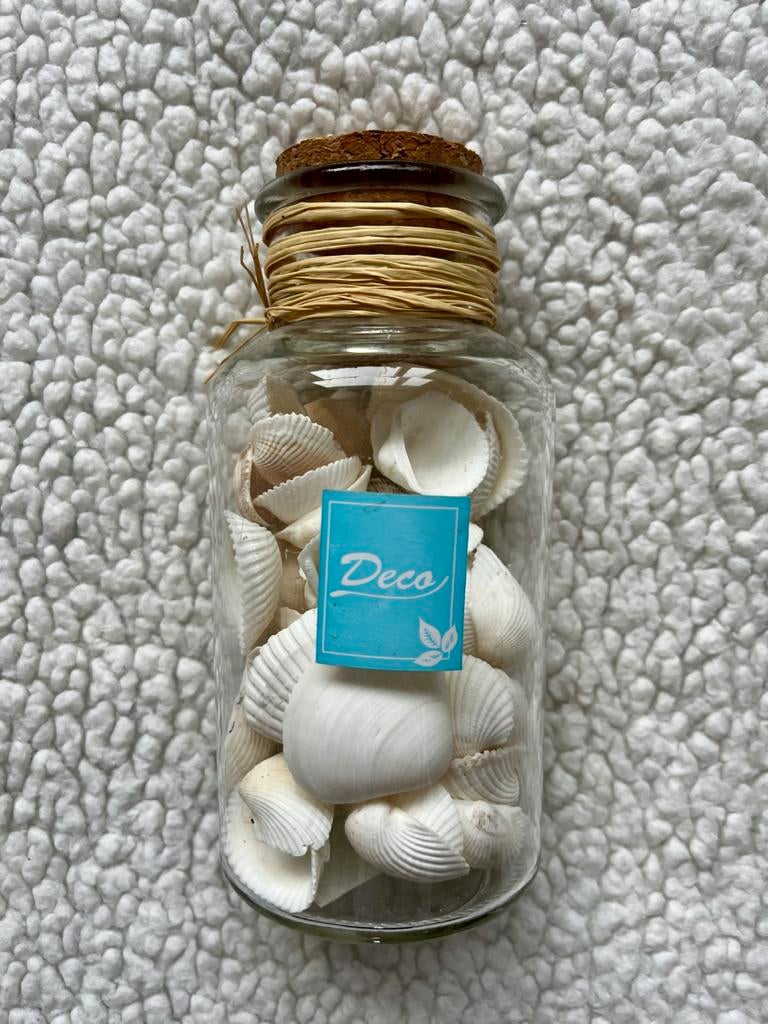 Glazen pot met schelpen - Deco, Overige stijlen, Ophalen of Verzenden, Zo goed als nieuw, Wit