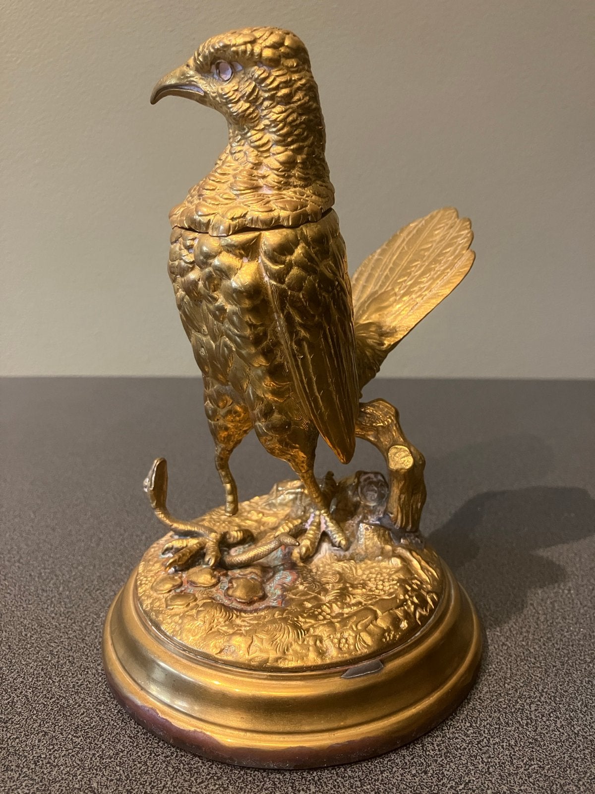 Antieke 19e-eeuwse inktpot/luciferhouder (Vogel & Slang), Ophalen of Verzenden, Brons
