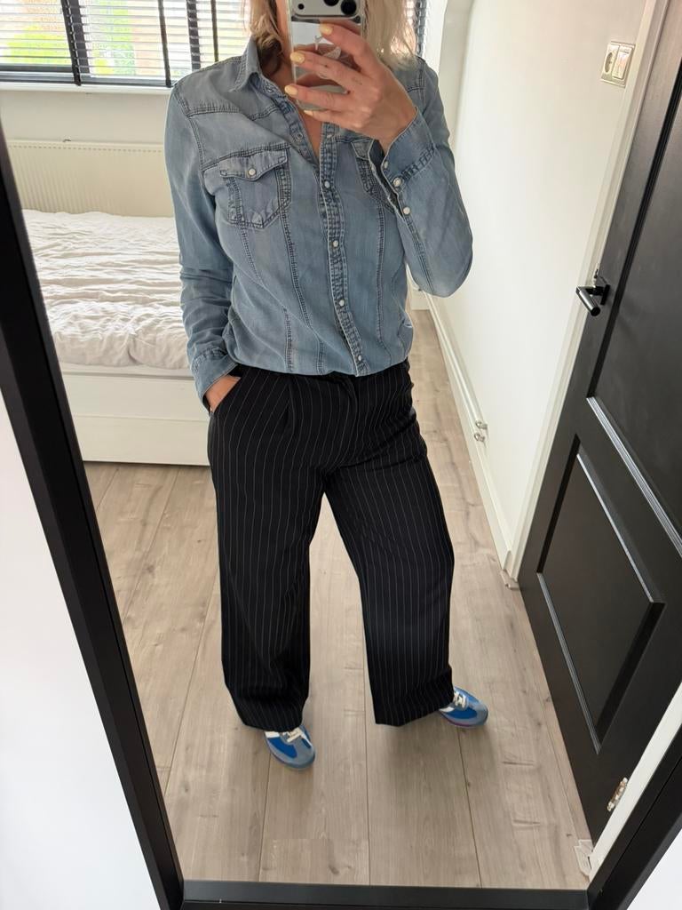 Donkerblauwe krijtstreep broek Loavies M, Maat 38/40 (M), Blauw, Ophalen of Verzenden, Zo goed als nieuw