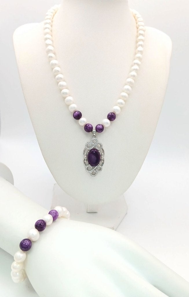Parelketting & armband met amethist – complete set, Overige materialen, Met edelsteen, Paars, Ophalen of Verzenden