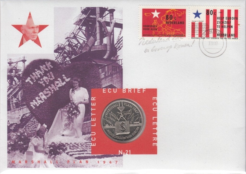 Nederland ECU brief No. 21 Marshall Plan 1997 met penning, Ophalen of Verzenden, Overige materialen, Nederland