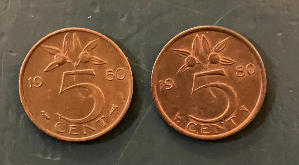 Nederlandse 5 cent munten 1950 en 1980, Juliana, 2 stuks., Postzegels en Munten, Munten | Nederland, Ophalen of Verzenden, Koningin Juliana