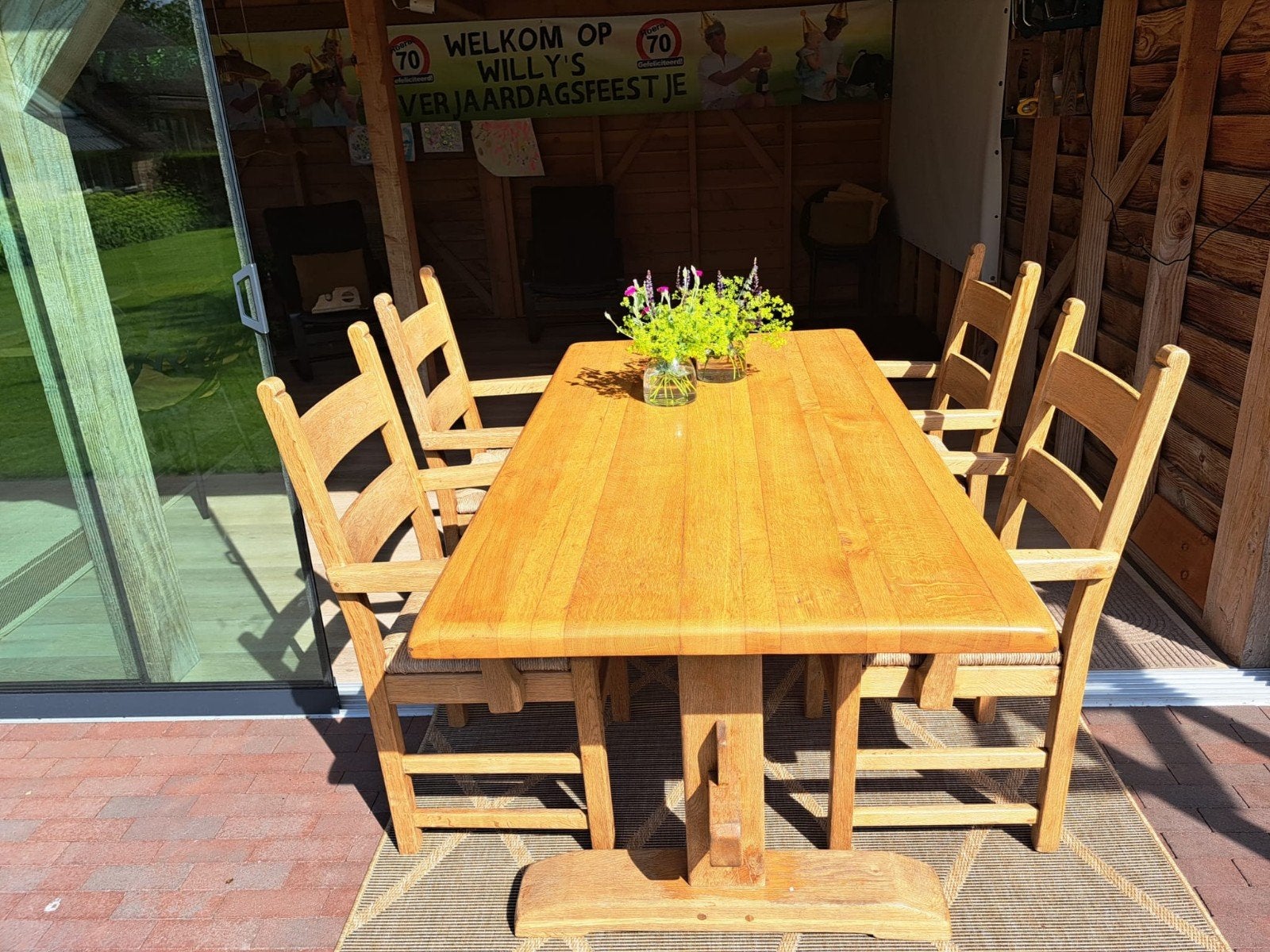 Eikenhouten eettafel met 4 stoelen, Ophalen, Gebruikt, 100 tot 150 cm, 50 tot 100 cm