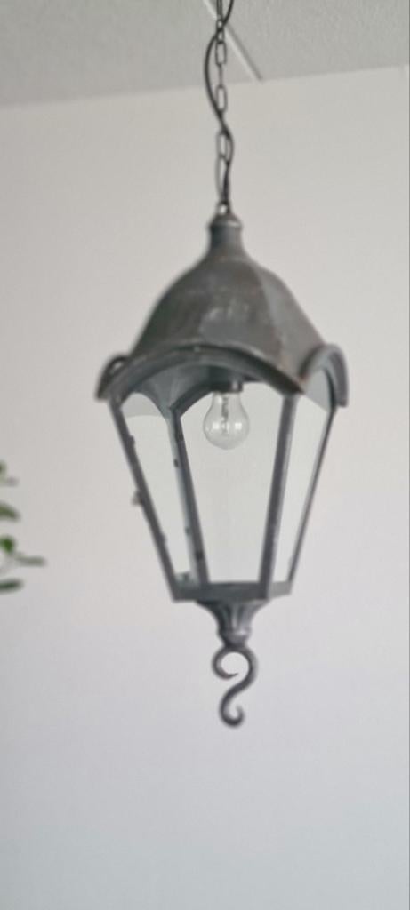 Antieke hanglamp, lantaarnstijl, metaal en glas, Ophalen, Gebruikt, 50 tot 75 cm, Lantaarn, Klassiek, Vintage