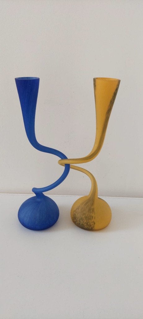 Vintage Makora Krosno "Verliefde Vazen" – 47 cm – Blauw/Geel, Ophalen