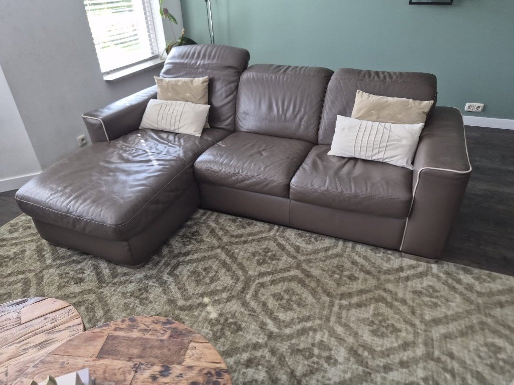 Natuzzi Leren bankstel met chaise longue, Ophalen, Gebruikt, Driepersoons, Leer