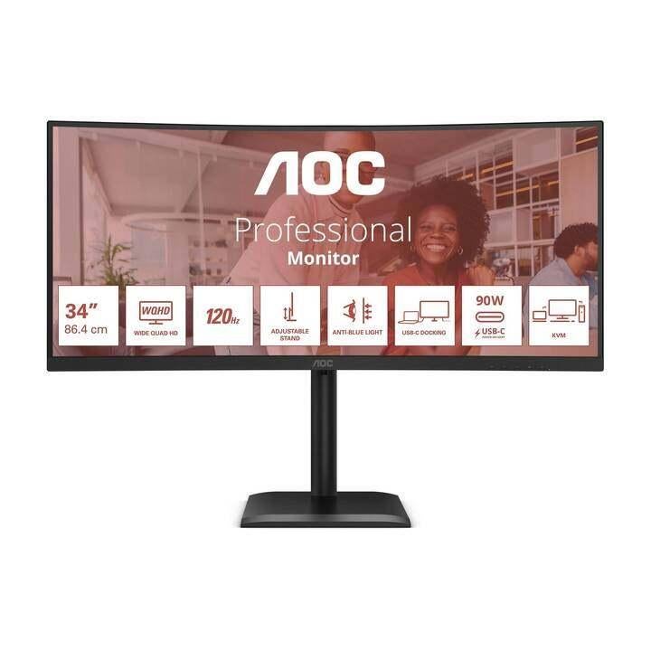 AOC CU34E4CV - 34" Curved Ultrawide  USB-C Dock, 120Hz, Kandnelektronica@gmail.com, 101 t/m 150 Hz, VA, Refurbished