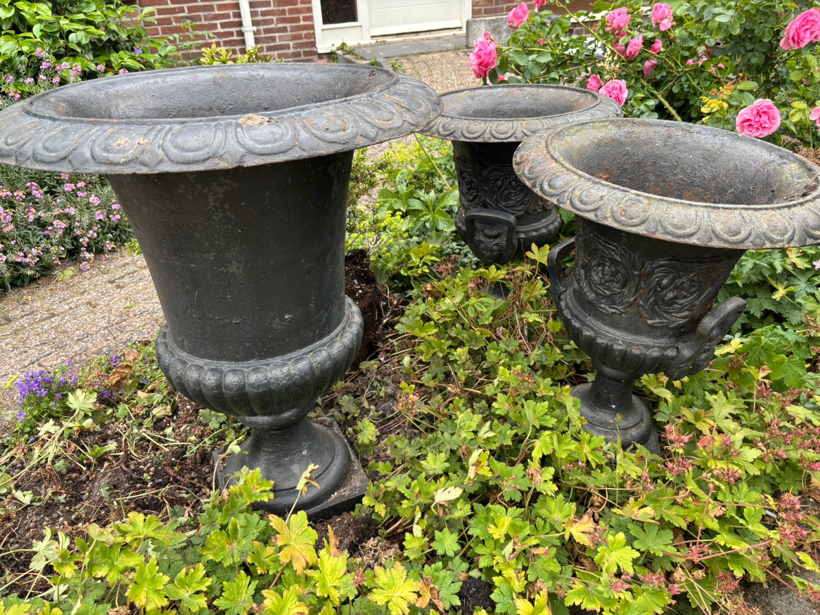 Set van 3 gietijzeren plantenbakken, Ophalen, Gebruikt, Minder dan 60 cm, Rond
