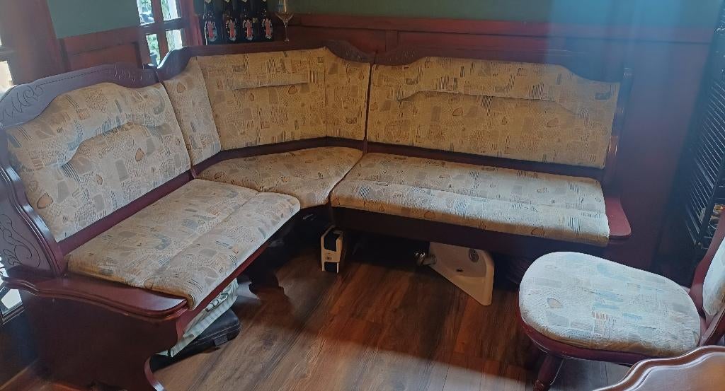 Cafe bank met 3 stoelen, Huis en Inrichting, Banken | Bankstellen, Ophalen, Gebruikt, 75 tot 100 cm, 200 tot 250 cm