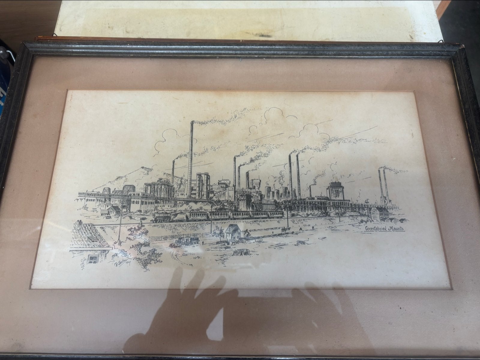 Pentekening Cokesfabriek Staatsmijn Maurits ingelijst, Ophalen of Verzenden, Tekening, Pentekening, Ingelijst