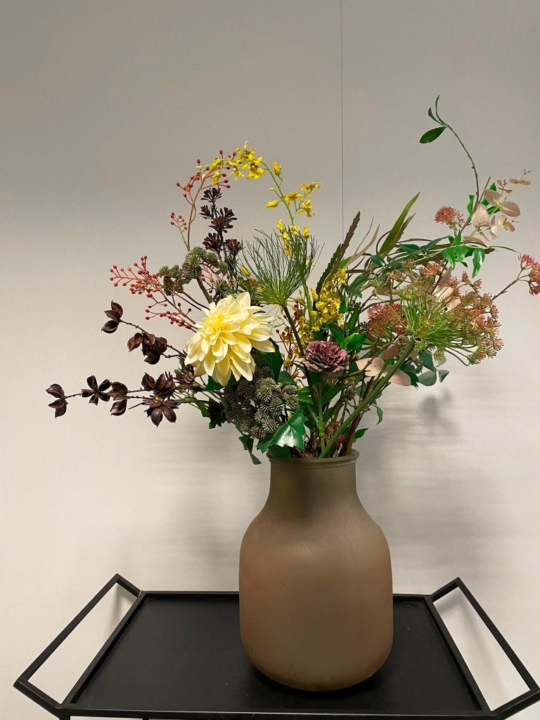 kunstbloemen met glazen vaas, Ophalen, 70 cm, Overige materialen, Zo goed als nieuw