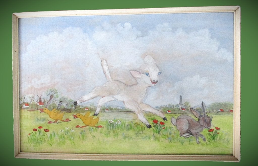 Lammetje in weide~Schilderij Gesigneerd~Aquarel E.J. van Nie, Ophalen of Verzenden, Tekening, Handgemaakt