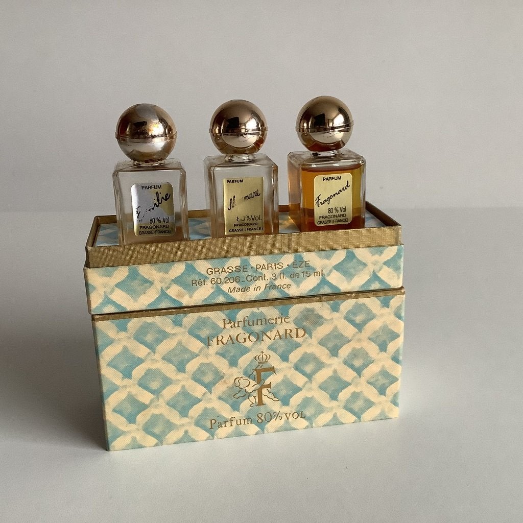 mooi vintage setje van 3 miniatuurparfumflesjes Fragonard, Ophalen of Verzenden, Gebruikt, Miniatuur