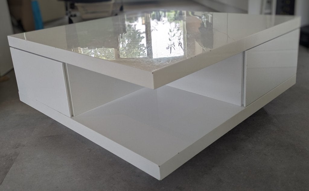 Moderne hoogglans witte salontafel met 2 lades (80x80), Huis en Inrichting, Tafels | Salontafels, Ophalen, Gebruikt, 50 tot 100 cm