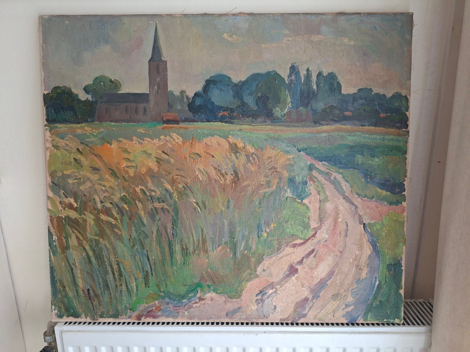 Schilderij van Kagie - Landschap met kerk Rolde, Ophalen, Origineel werk, Doek, Realistisch