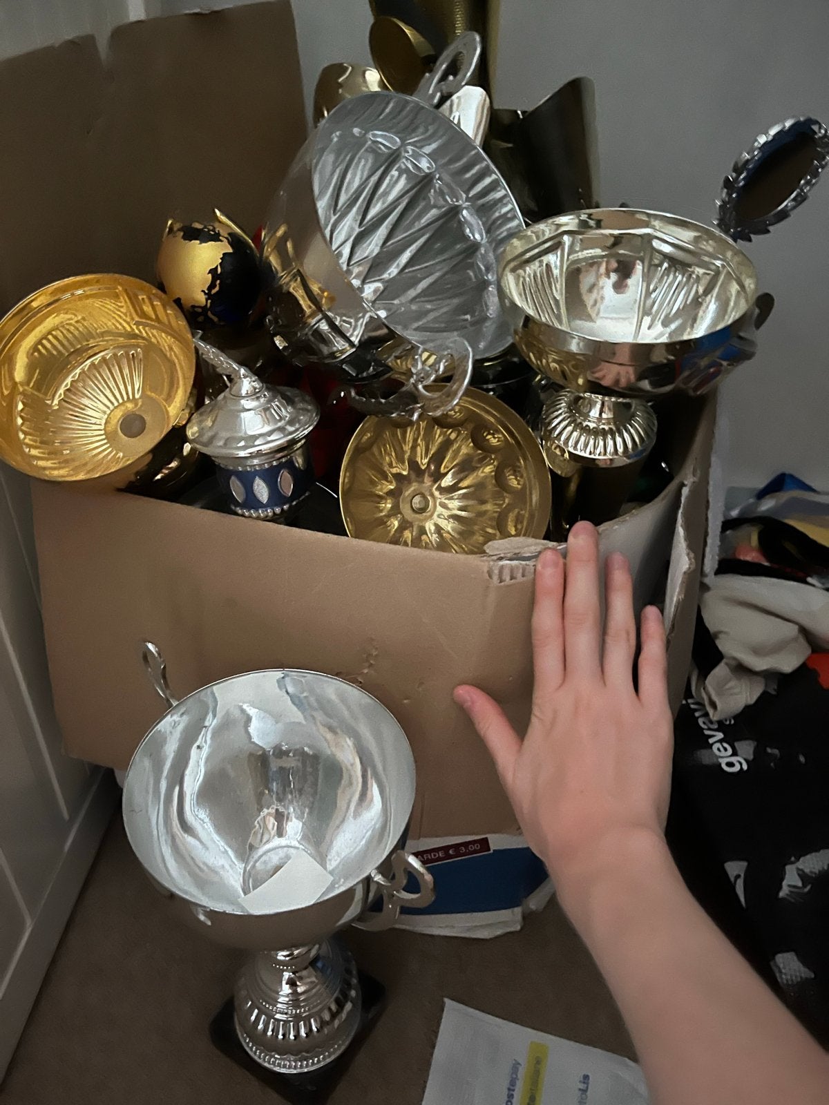 Grote doos vol trofeeën en bekers, Ophalen, Gebruikt