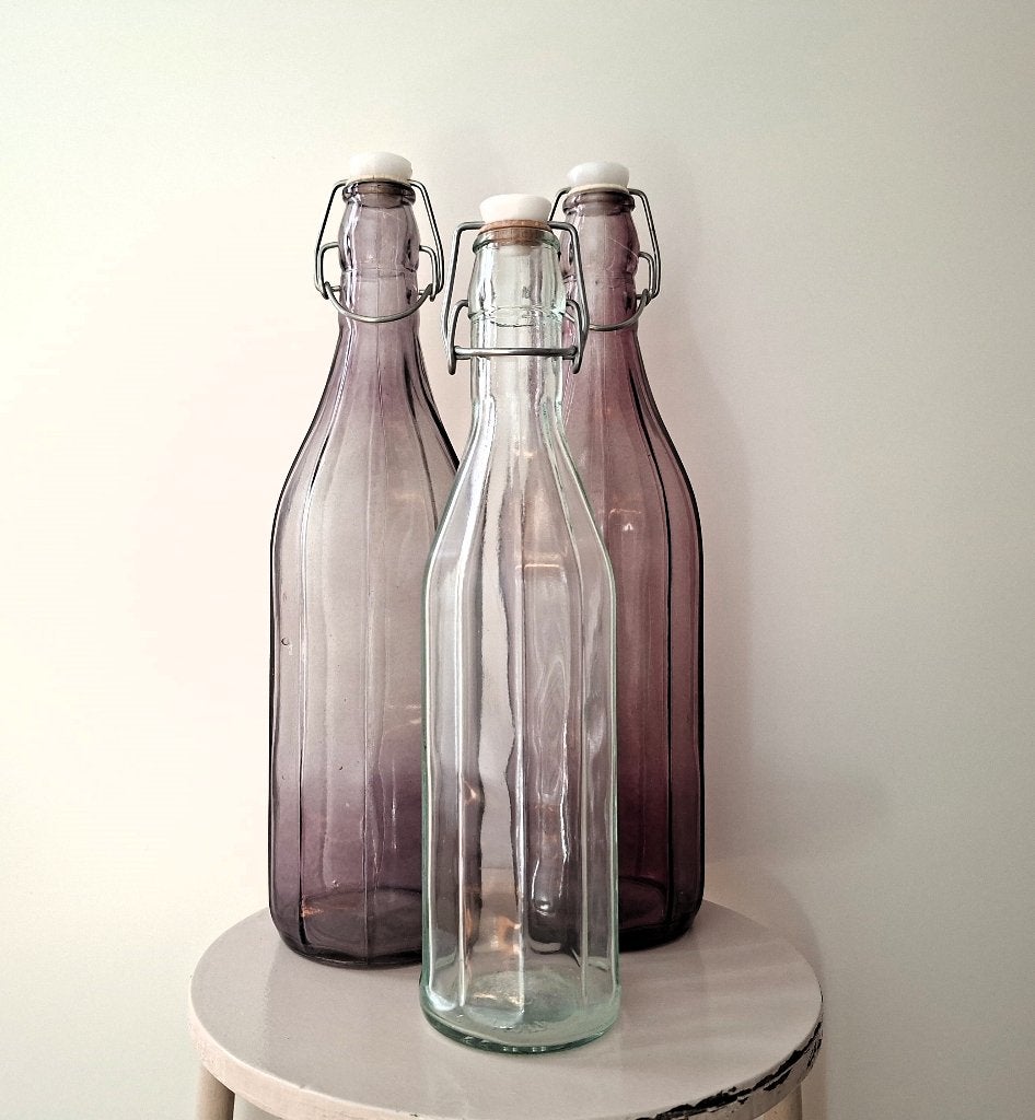 Set van 3 glazen beugelflessen - aubergine en transparant, Ophalen of Verzenden