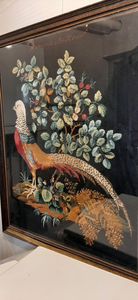 Borduurschilderij met houten lijst fazant, Ophalen