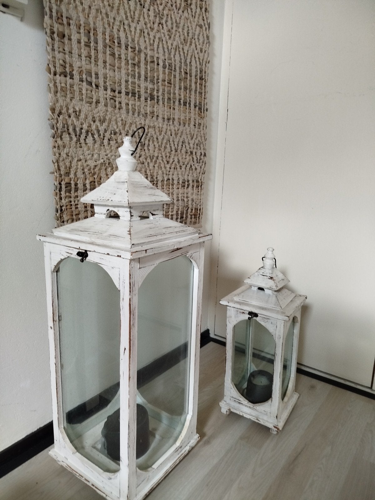 Decoratieve brocante lantaarns set van 2, Ophalen, Wit, Glas, Lantaarn