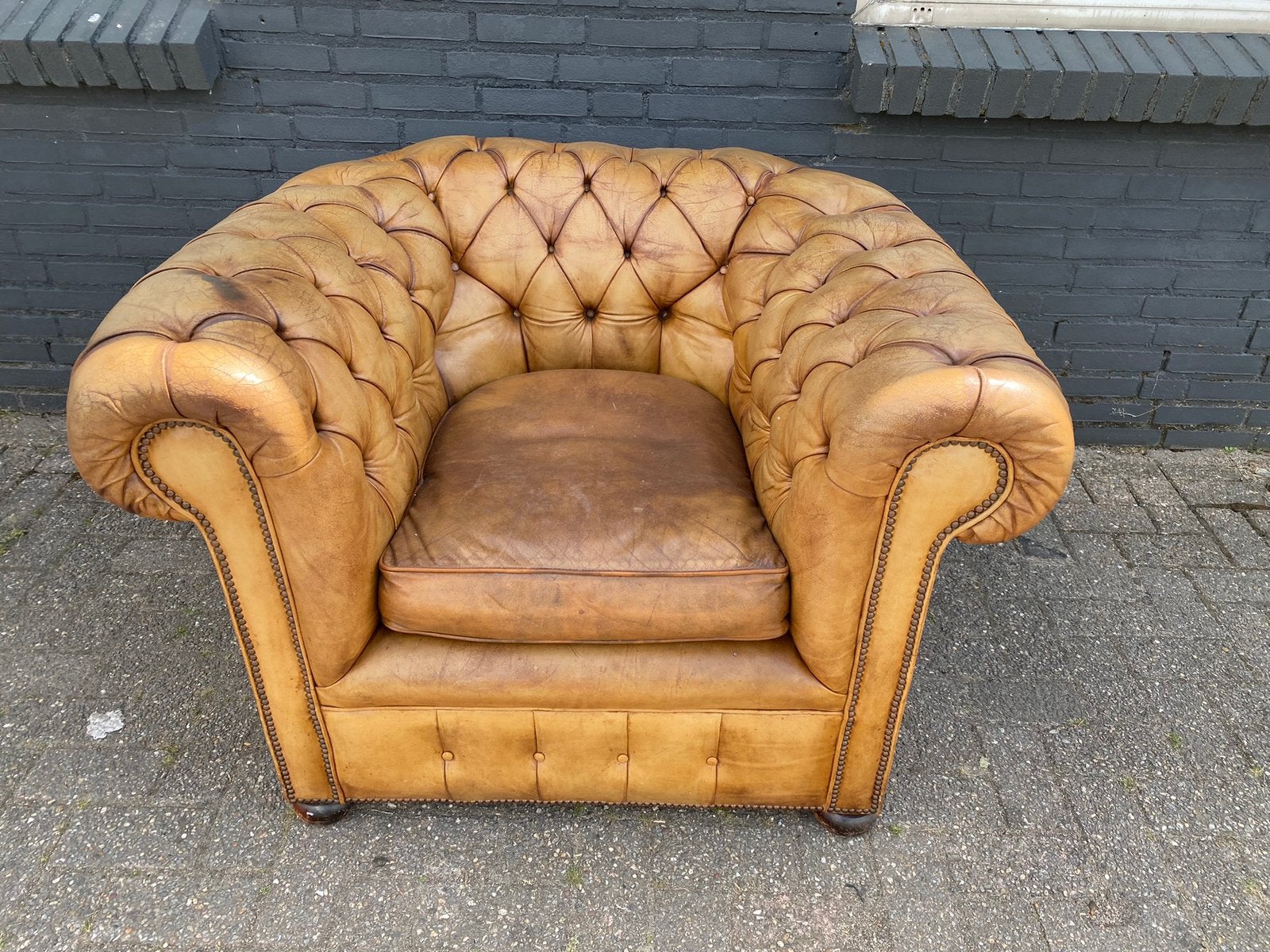 Vintage  Chesterfield club fauteuil cognac, Ophalen, Zo goed als nieuw, 75 tot 100 cm