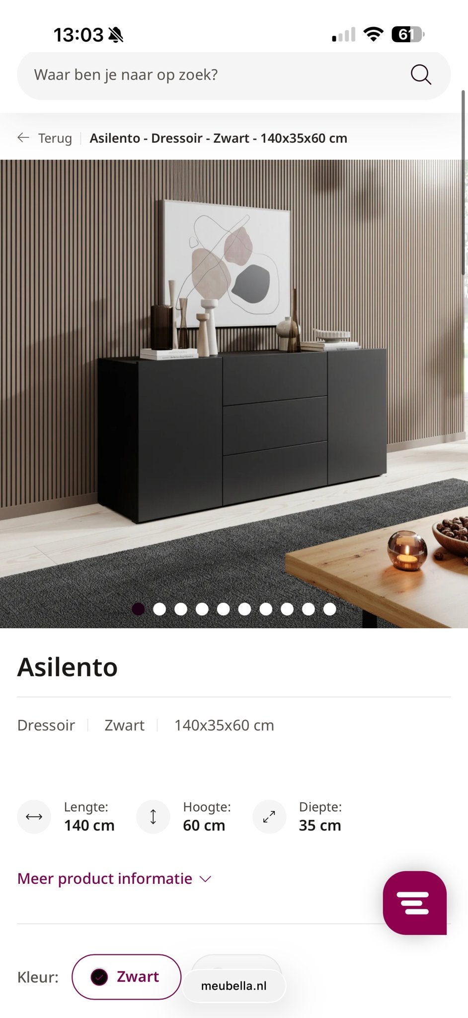 Asilento Dressoir Zwart - 140x35x60 cm, Ophalen, 100 tot 150 cm, Zo goed als nieuw, Met lade(s)