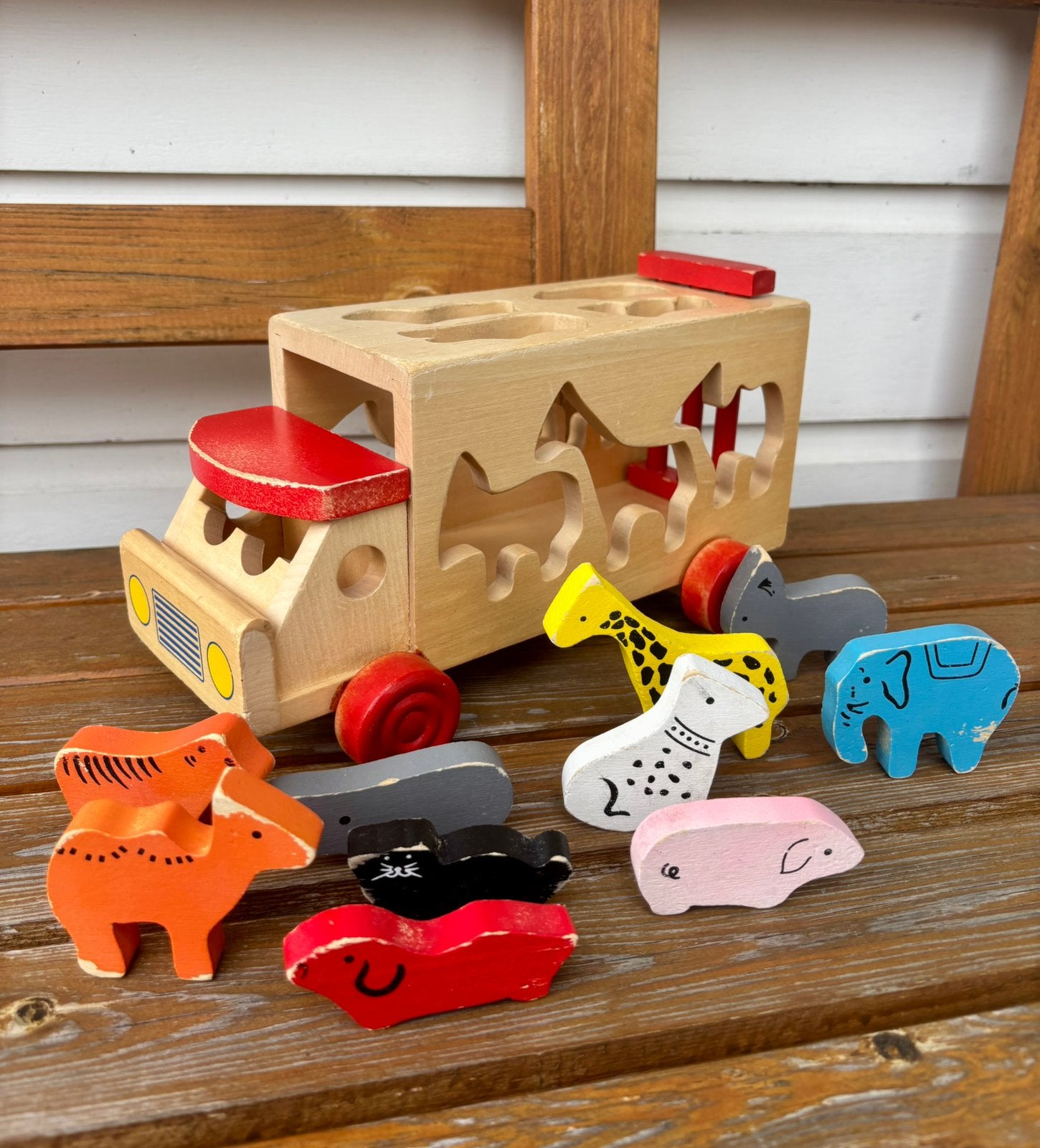 Vintage houten dieren sorteerauto vormenauto, Kinderen en Baby's, Ophalen of Verzenden